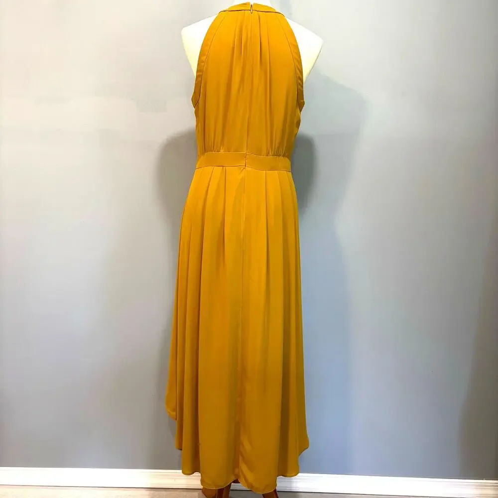 Mustard Yellow Pleated High Low Midi Dress Flowy Lightweight Banana Republic 10 - Picture 6 of 10